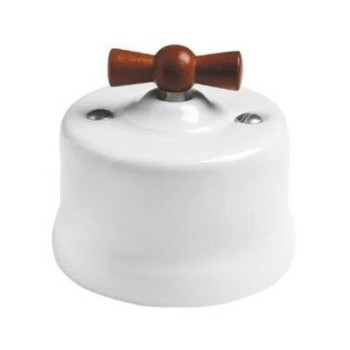 INTERRUPTOR DE PORCELANA BLANCA, MANETA MADERA MIEL