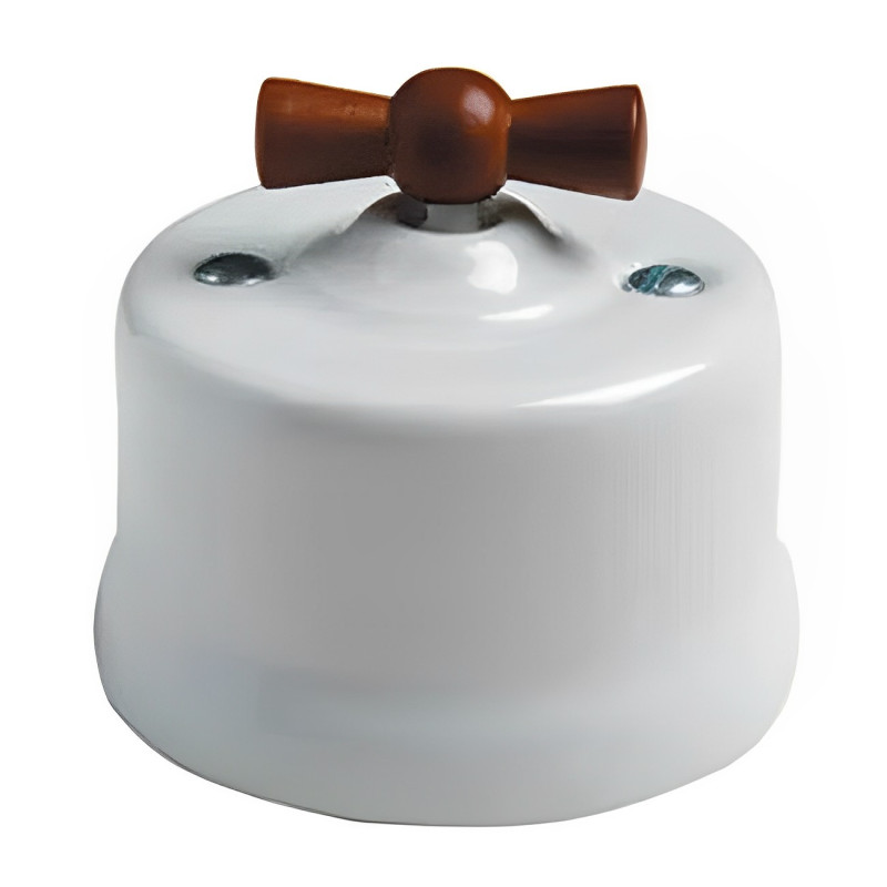 INTERRUPTOR DE PORCELANA BLANCA, MANETA MADERA MIEL