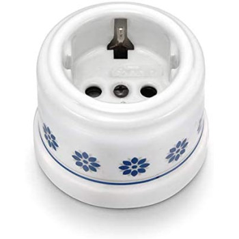 BASE ENCHUFE SCHUKO PORCELANA BLANCA CON CENEFA AZUL
