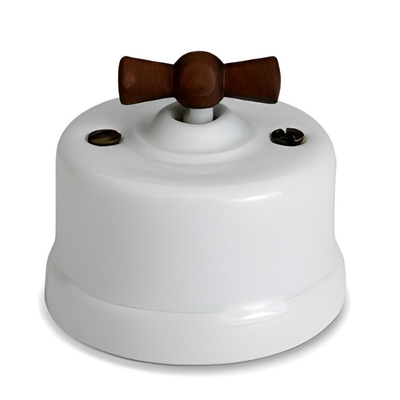 INTERRUPTOR DE PORCELANA BLANCA, MANETA MADERA ENVEJECIDA