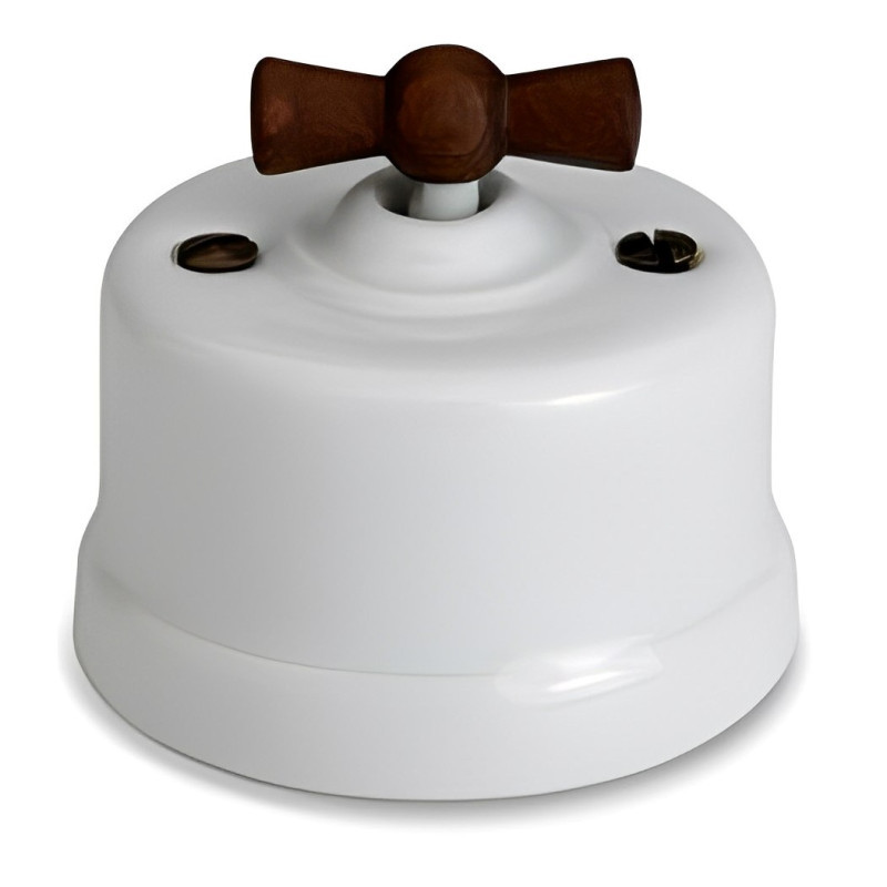 INTERRUPTOR BIPOLAR DE PORCELANA BLANCA, MANETA MADERA ENVEJECIDA FONTINI GARBY