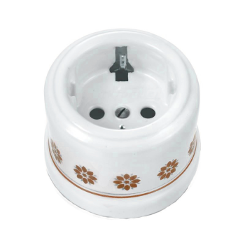 BASE ENCHUFE SCHUKO PORCELANA BLANCA CON CENEFA MARRON