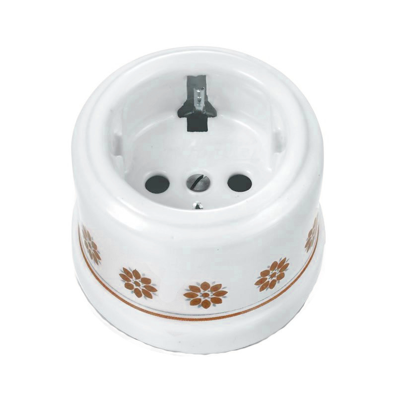 BASE ENCHUFE SCHUKO PORCELANA BLANCA CON CENEFA MARRON